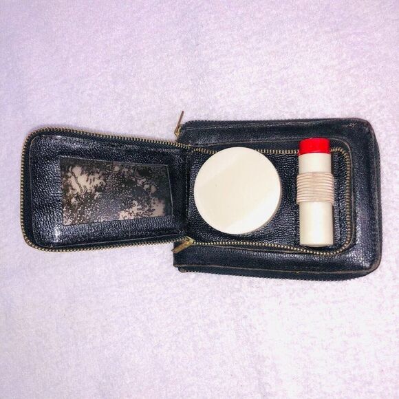 Vintage Womans Black Leather Wallet Folding Pill Holder Coin Slot Make Up - Picture 4 of 8